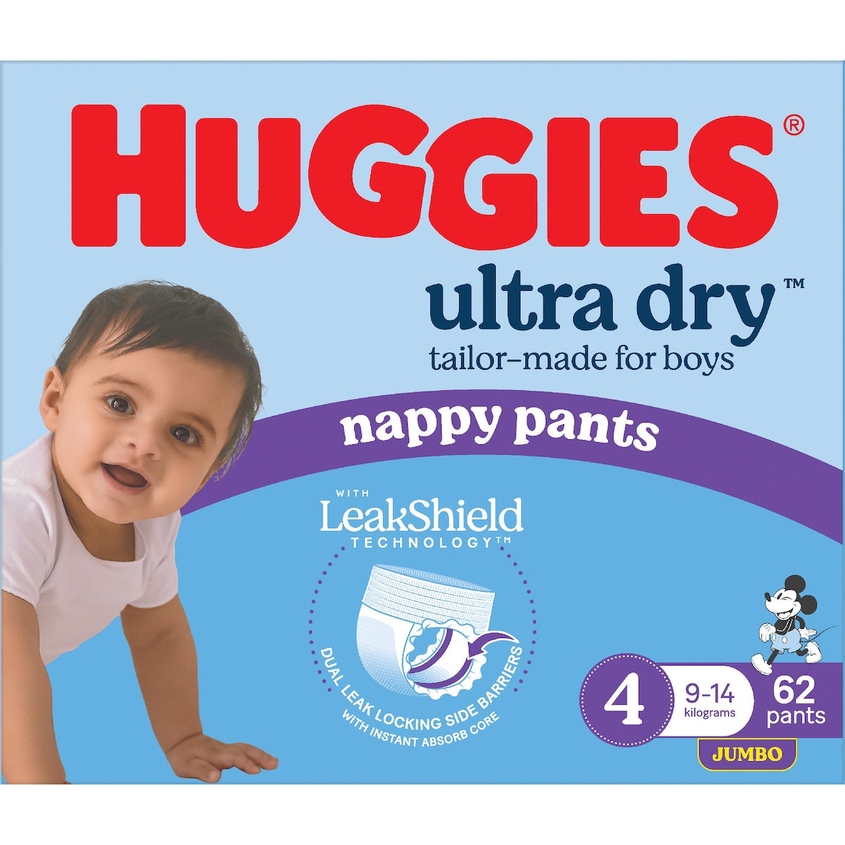 Huggies Ultra Dry Nappy Pants Boys Size 4 (9-14kg) 62 Pack