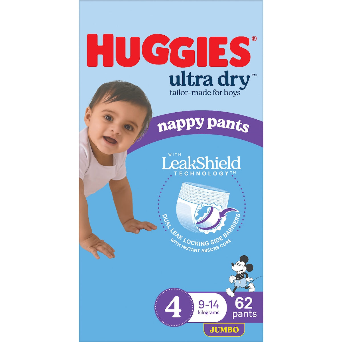 Huggies Ultra Dry Nappy Pants Boys Size 4 (9-14kg) 62 Pack