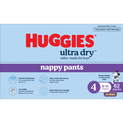Huggies Ultra Dry Nappy Pants Boys Size 4 (9-14kg) 62 Pack