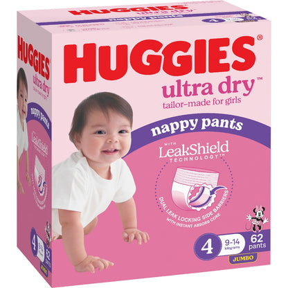 Huggies Ultra Dry Nappy Pants Girls Size 4 (9-14kg) 62 Pack