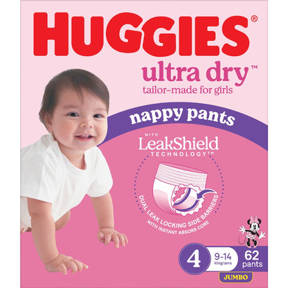 Huggies Ultra Dry Nappy Pants Girls Size 4 (9-14kg) 62 Pack