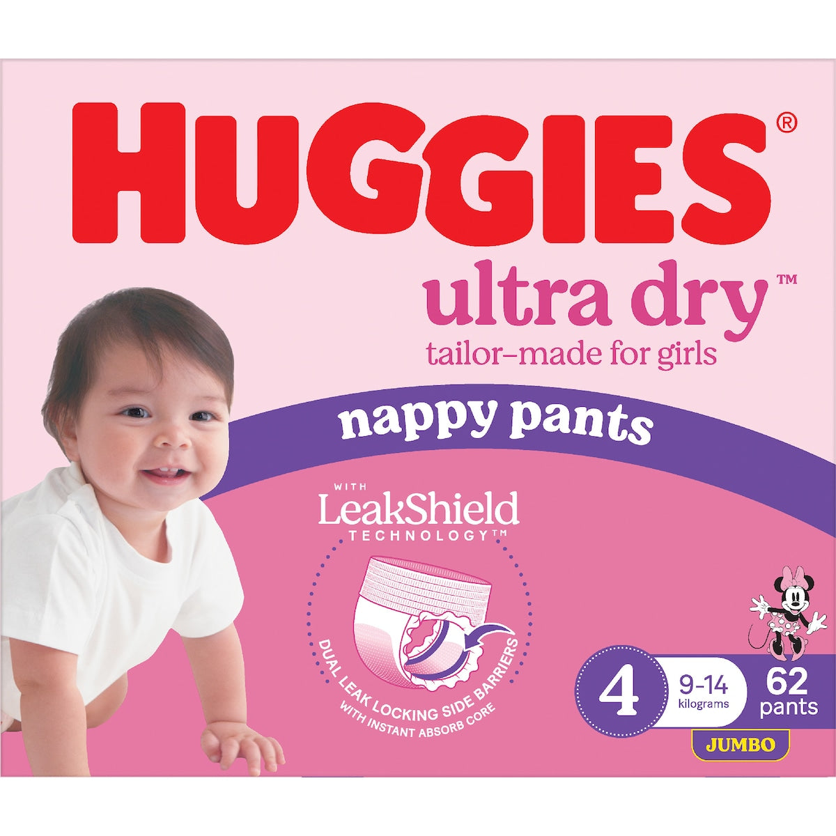 Huggies Ultra Dry Nappy Pants Girls Size 4 (9-14kg) 62 Pack