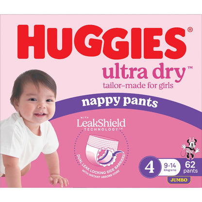 Huggies Ultra Dry Nappy Pants Girls Size 4 (9-14kg) 62 Pack
