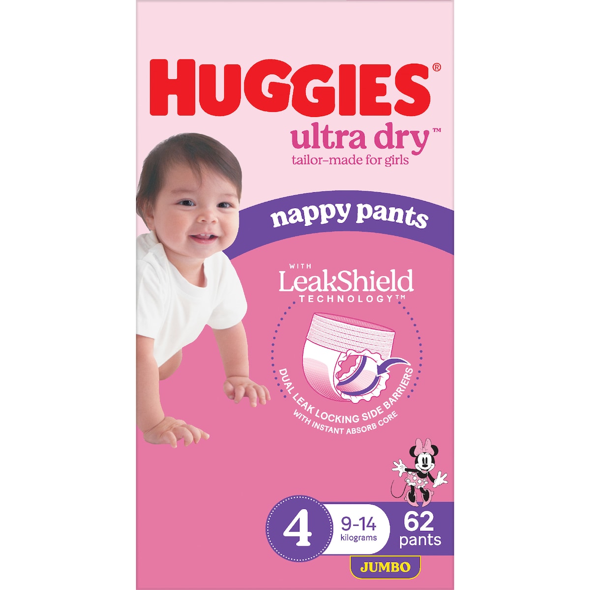 Huggies Ultra Dry Nappy Pants Girls Size 4 (9-14kg) 62 Pack
