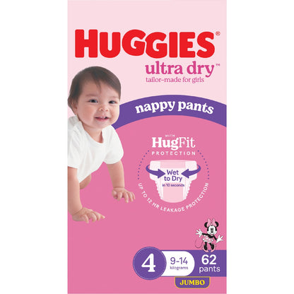 Huggies Ultra Dry Nappy Pants Girls Size 4 (9-14kg) 62 Pack