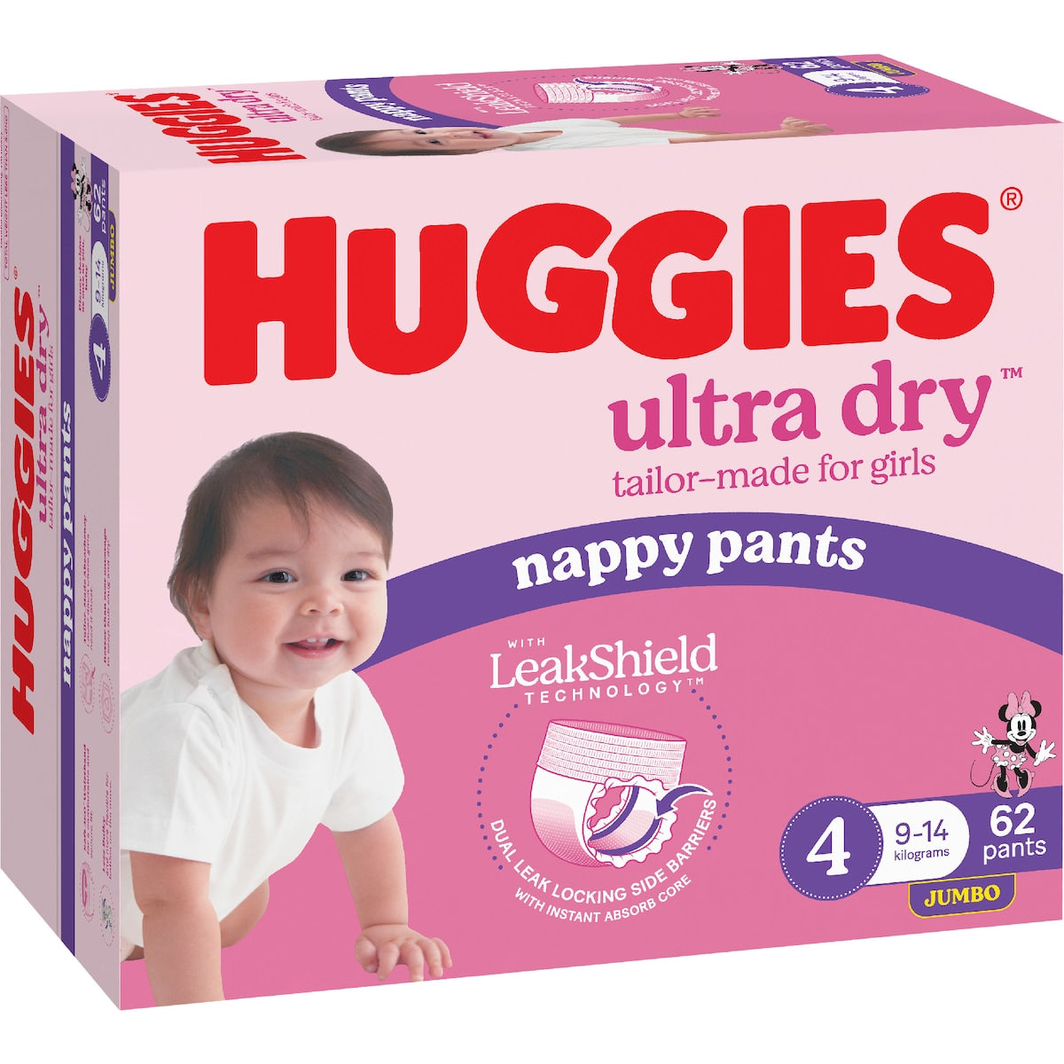 Huggies Ultra Dry Nappy Pants Girls Size 4 (9-14kg) 62 Pack