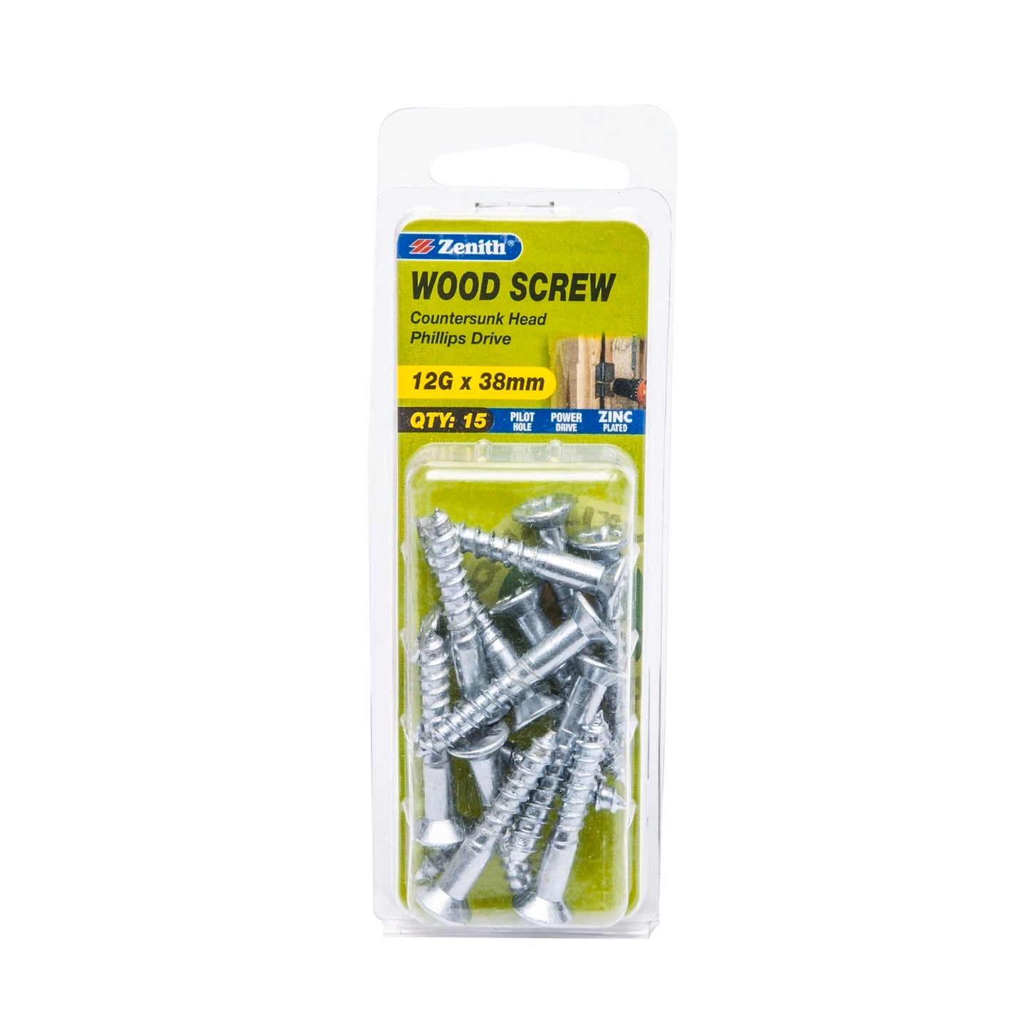 Zenith Wood Screws - 12g x 38mm - Zinc - 15 Pack