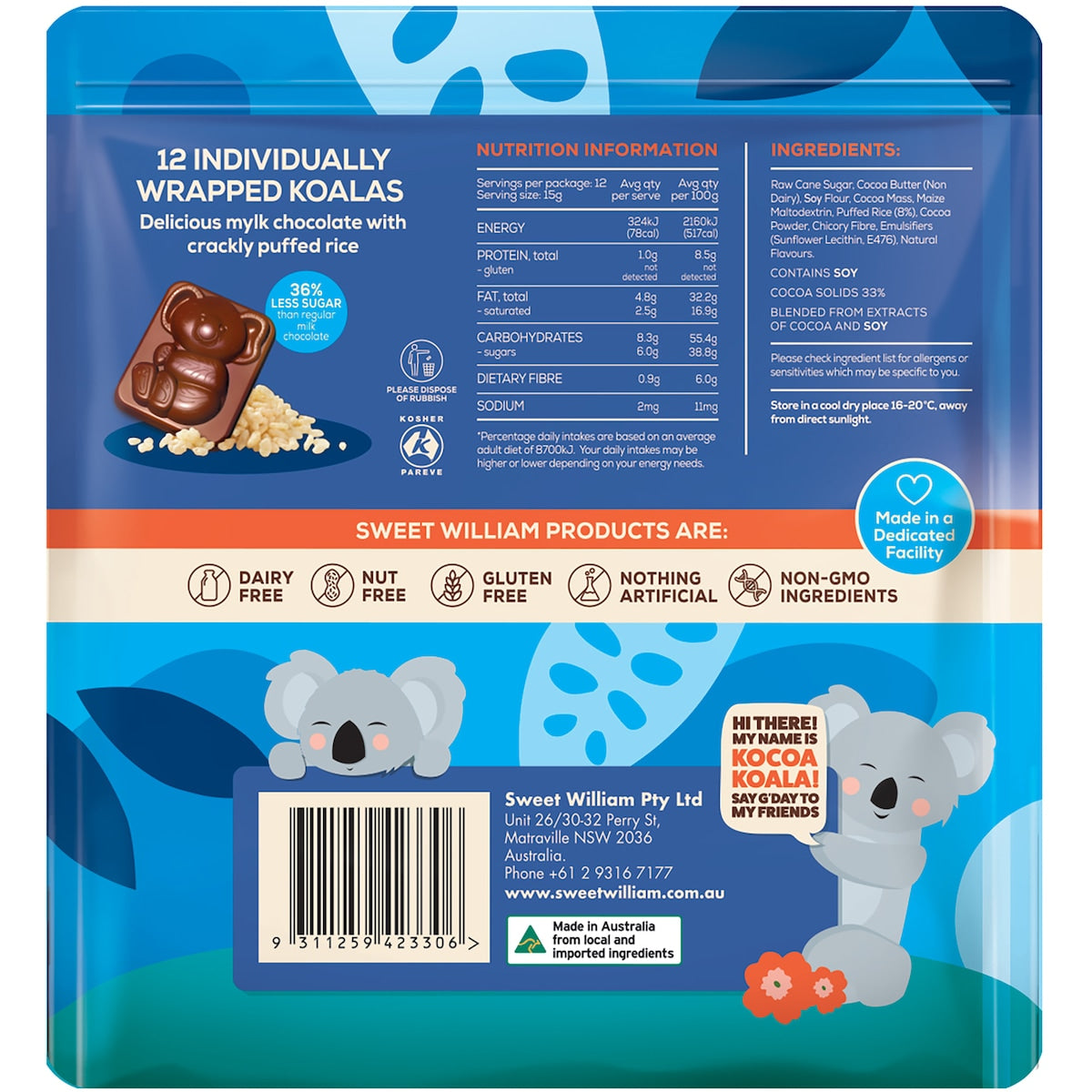 Sweet William Rice Crackle Chocolate Koalas 12 pack