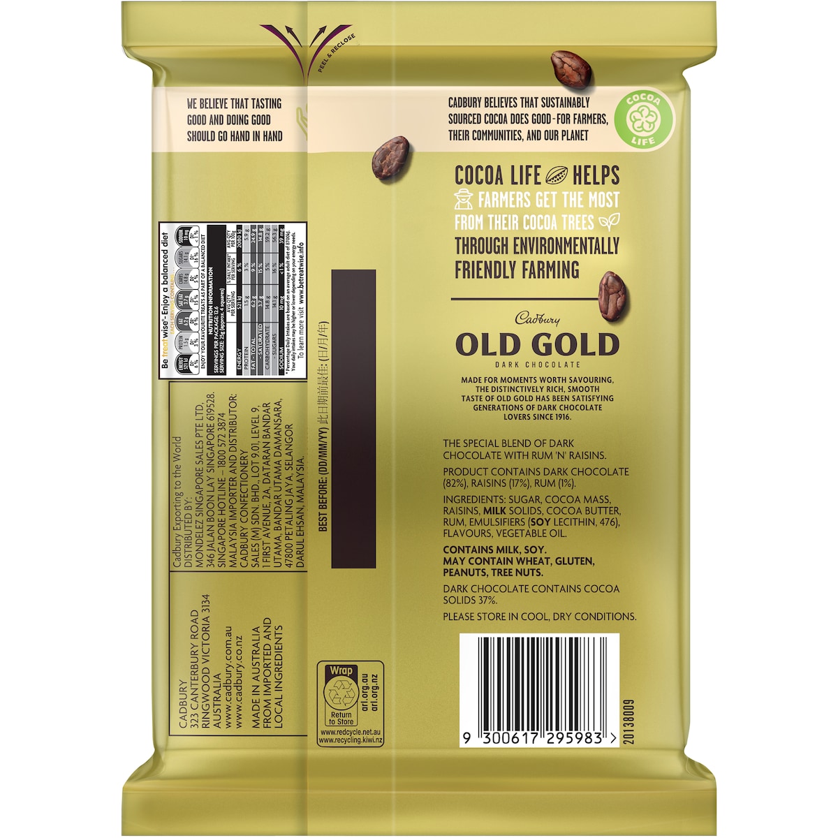 Cadbury Old Gold Jamaica Rum N Raisin Dark Chocolate Block Large 315g
