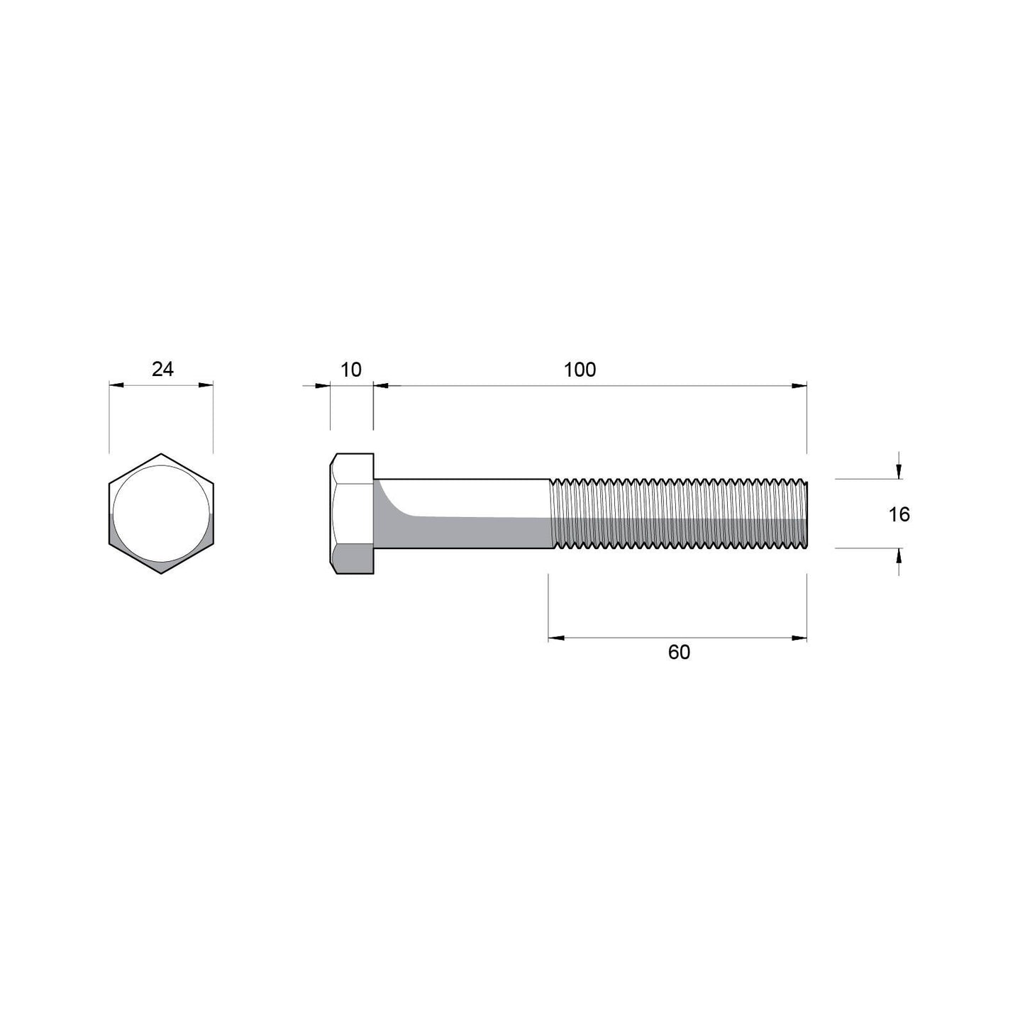 Zenith Hot Dip Galvanised Hex Head Bolts - M16 x 100mm - 12 Pack