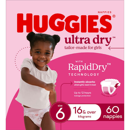 Huggies Ultra Dry Nappies Girls Size 6 (16kg+) 60 Pack