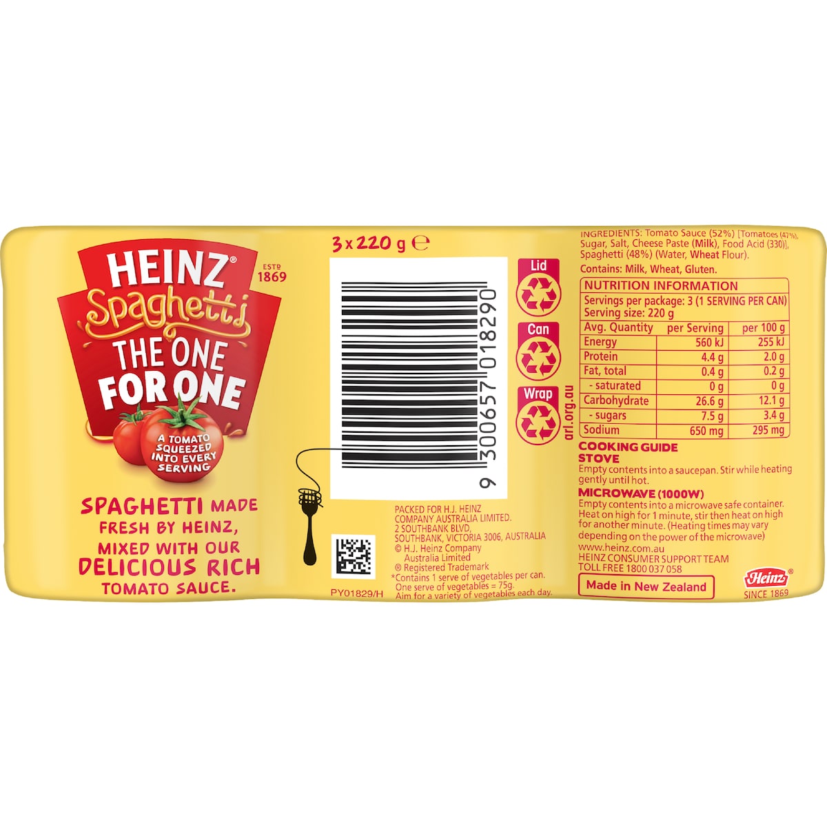 Heinz Spaghetti In Tomato Sauce Canned 220g X 3 Pack