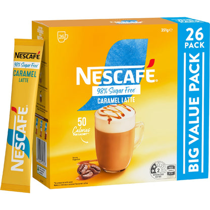 Nescafe 98% Sugar Free Caramel Latte Coffee Sachets 26 Pack