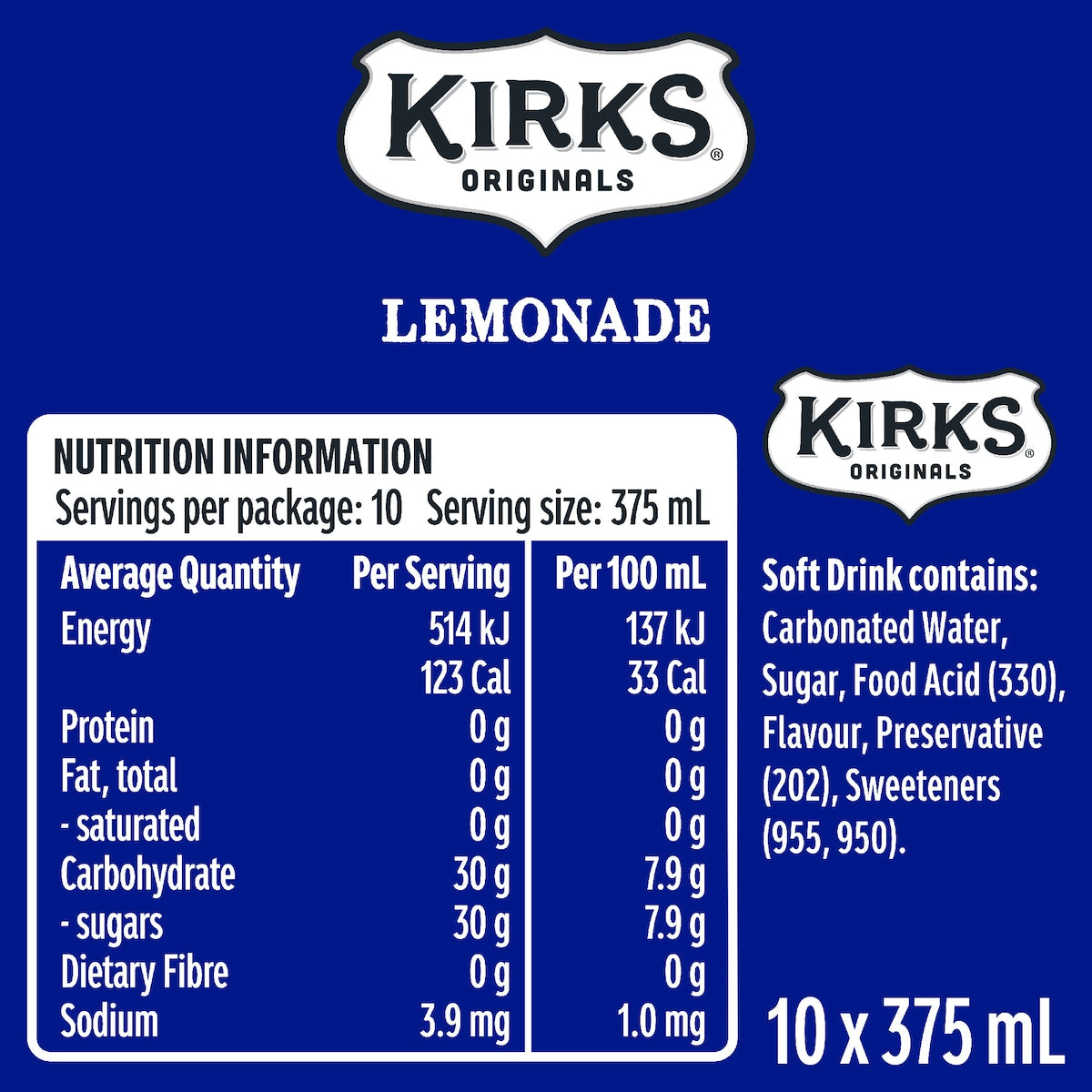 Kirks Lemonade Soft Drink Cans 375ml X 10 Pack