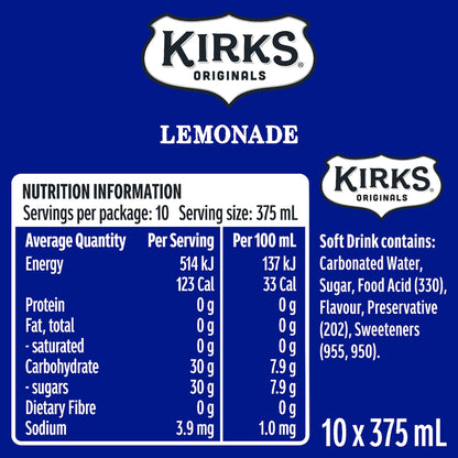 Kirks Lemonade Soft Drink Cans 375ml X 10 Pack