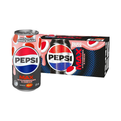 Pepsi Max Strawberries & Cream No Sugar Soft Drink 375ml - 10 Pack