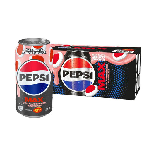 Pepsi Max Strawberries & Cream No Sugar Soft Drink 375ml - 10 Pack
