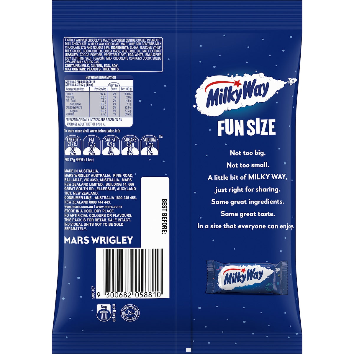 Milky Way Milk Chocolate Mini Bars Party Share Bag 15 Pieces 180g 15 Pack
