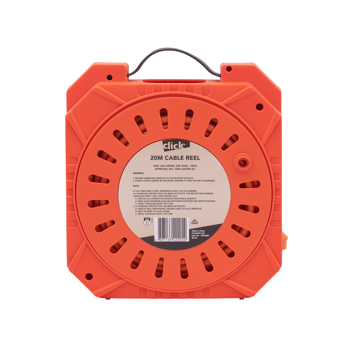 Click 4 Outlets 20m Cable Reel Orange & Grey