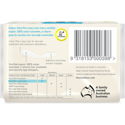Cottons Organic Ultra Thin Long Panty Liners 32 Pack