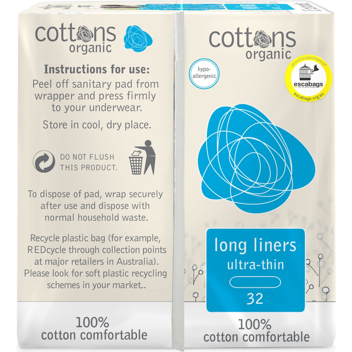 Cottons Organic Ultra Thin Long Panty Liners 32 Pack