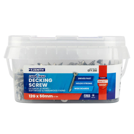 Zenith Large Head Decking Screw - T25 12g x 50mm SS304 - 250 Pack