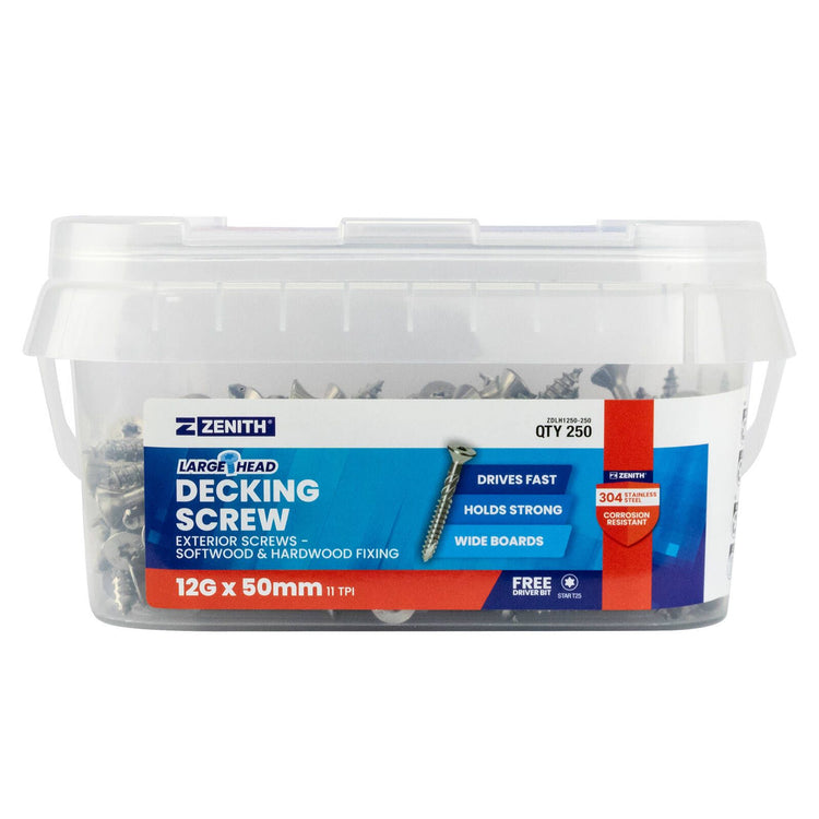 Zenith Large Head Decking Screw - T25 12g x 50mm SS304 - 250 Pack