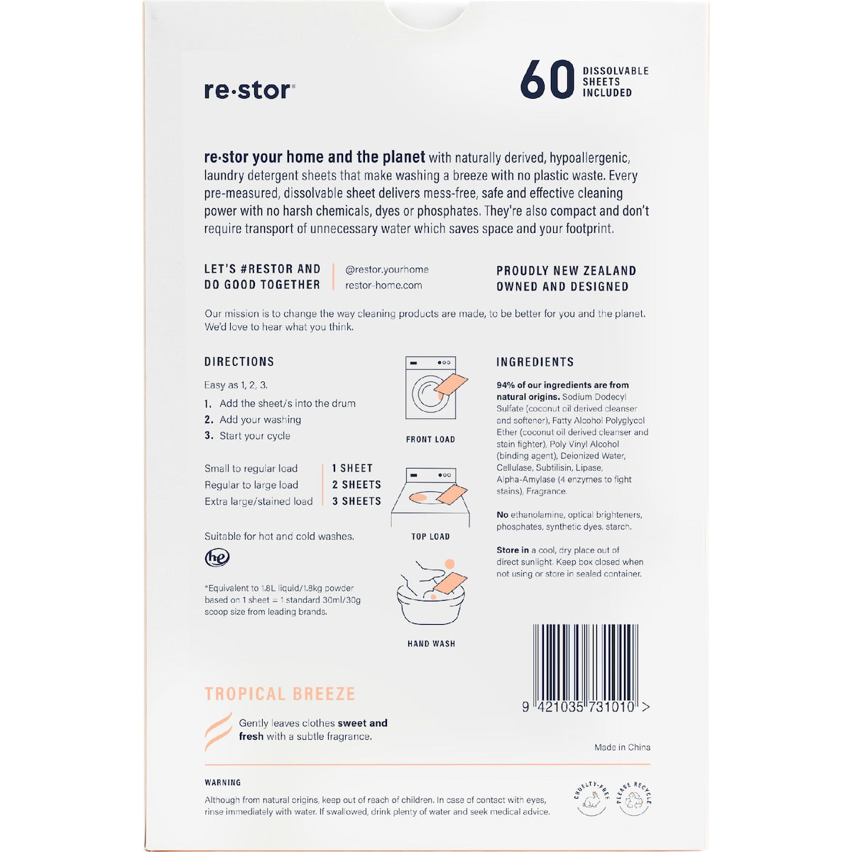 Restor Concentrated Laundry Detergent Sheets Tropical 60 Pack