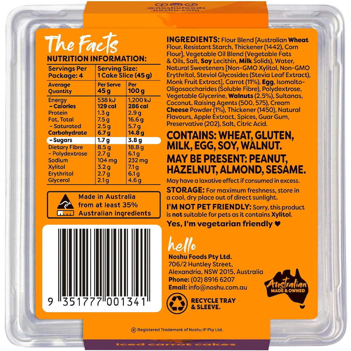 Noshu 95% Sugar Free Iced Carrot Cakes 180g 4 Pack
