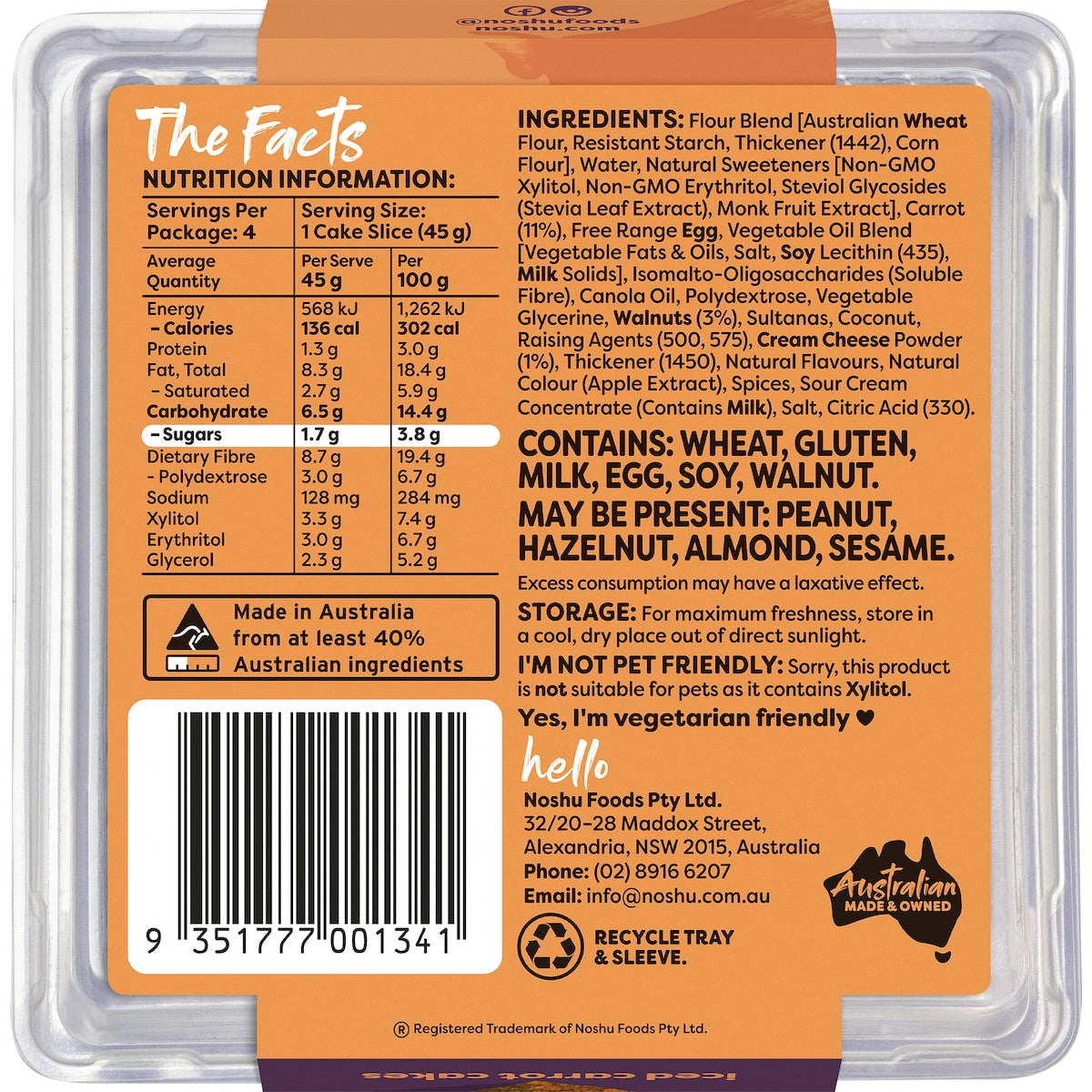 Noshu 95% Sugar Free Iced Carrot Cakes 180g 4 Pack