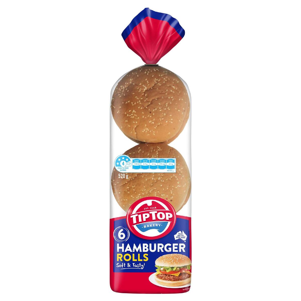 Tip Top Hamburger White Bread Rolls Bbq Buns Bakery 6 Pack