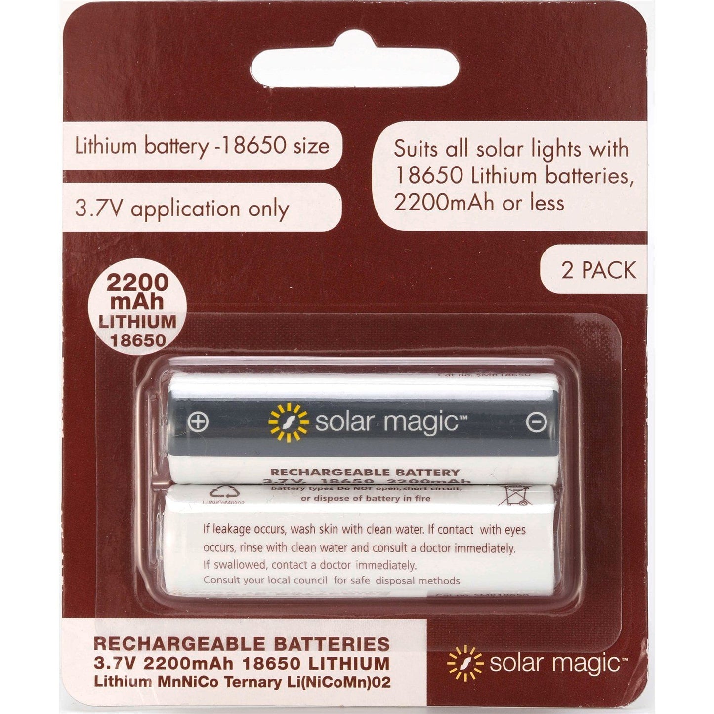 Solar Magic Lithium Ion Rechargeable Batteries - 2200mAh - 2 Pack