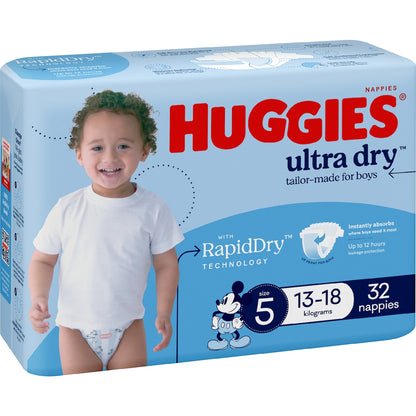 Huggies Ultra Dry Nappies Boys Size 5 (13-18kg) 32 Pack