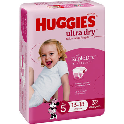 Huggies Ultra Dry Nappies Girls Size 5 (13-18kg) 32 Pack