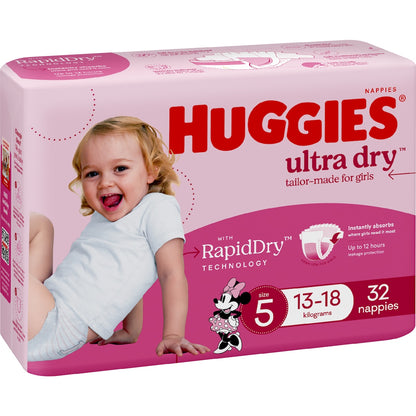 Huggies Ultra Dry Nappies Girls Size 5 (13-18kg) 32 Pack