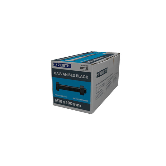 Zenith M10 x 100mm Hot Dipped Galvanised Black Hex Head Bolts and Nuts - 25 Pack