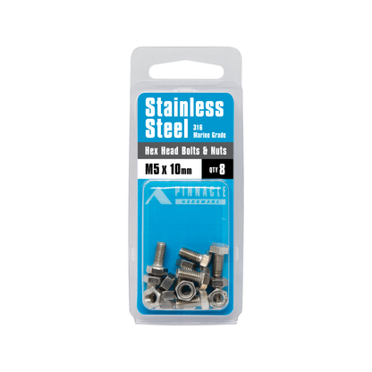 Pinnacle Hex Head Bolts and Nuts - M5 x 10mm - Stainless Steel - 8 Pack