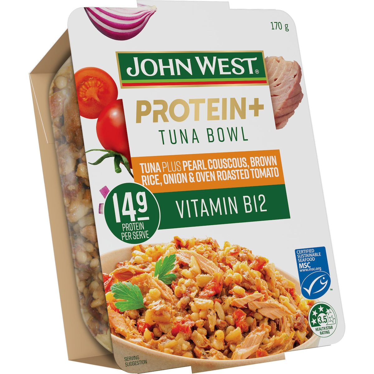 John West Protein Tuna Bowl Brown Rice Couscous Tomato Onion Chilli 170g