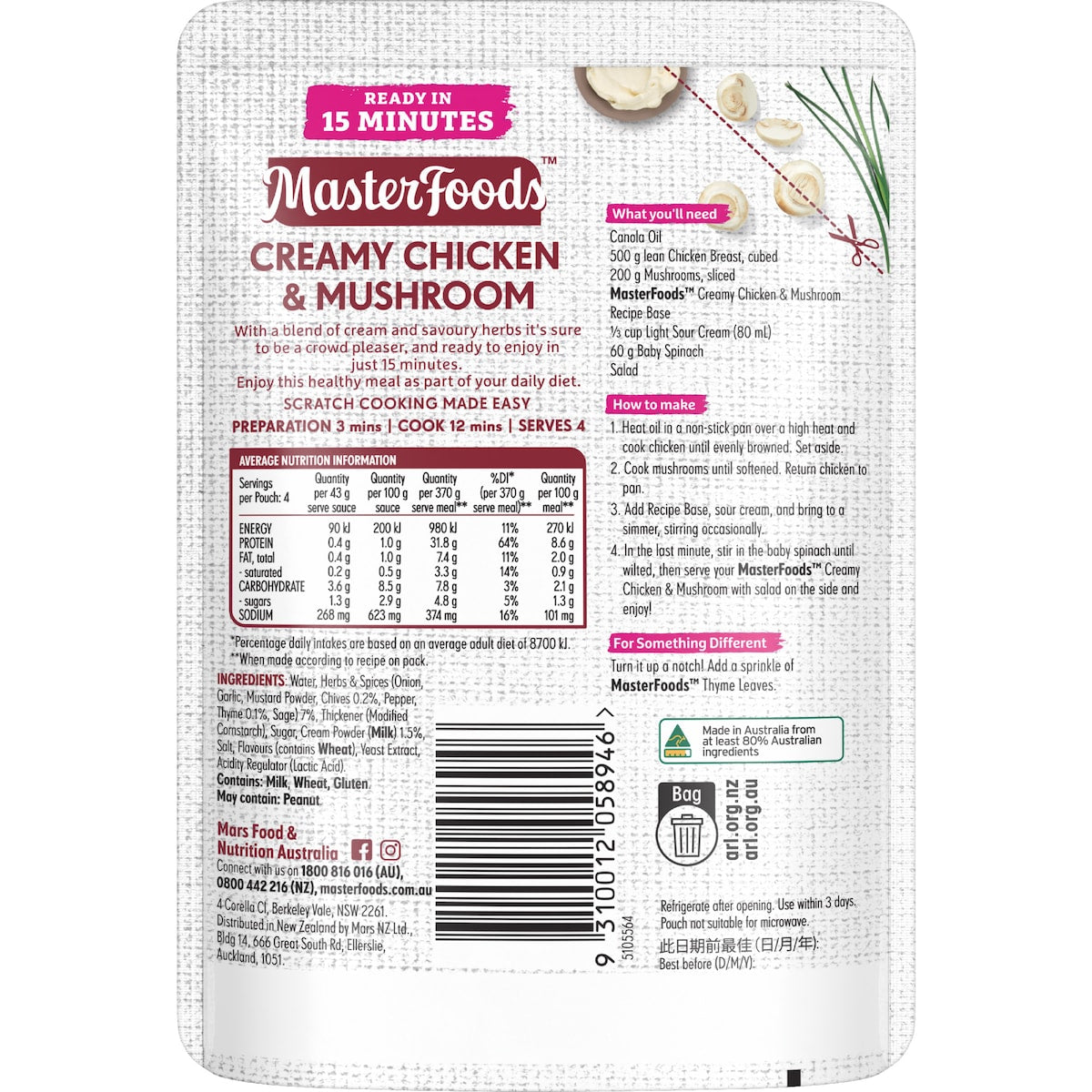 Masterfoods Creamy Chicken & Mushroom Recipe Base 175g