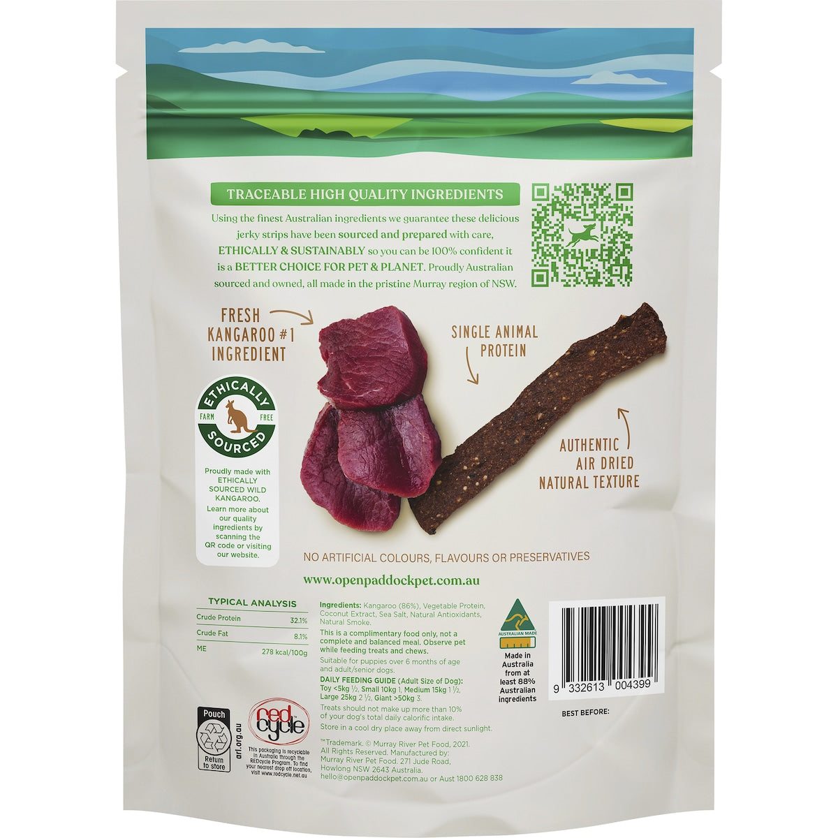 Open Paddock Wild Kangaroo Jerky Strips Dog Treats 300g