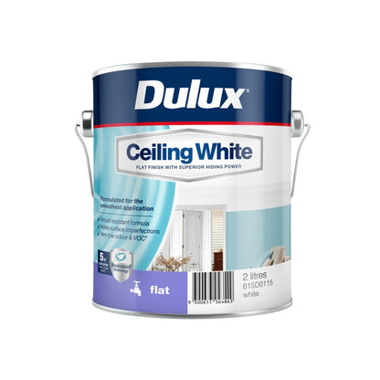 Dulux White Flat Ceiling Paint - 2L Water-Based - Easy Application - Low VOC