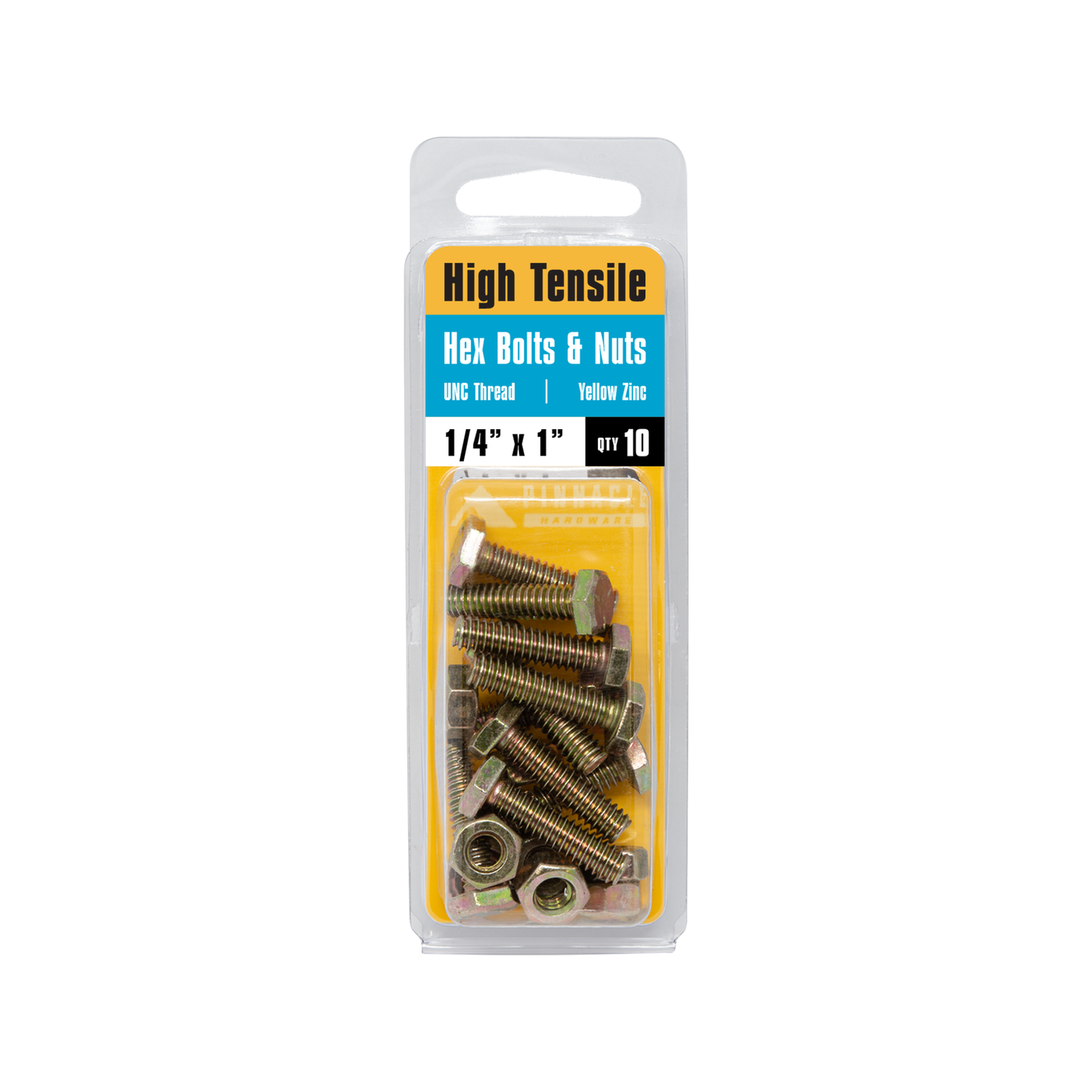 Pinnacle Hi Tensile Hex Bolt & Nut - 1/4 x 1" - Yellow - 10 Pack