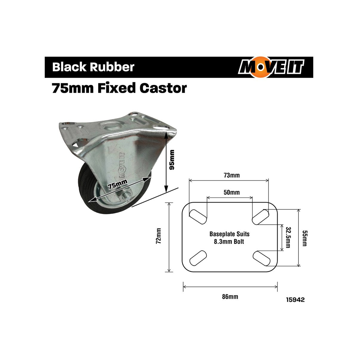 Move It 75mm Black Rubber Fixed Plate Castor 50kg Load Capacity