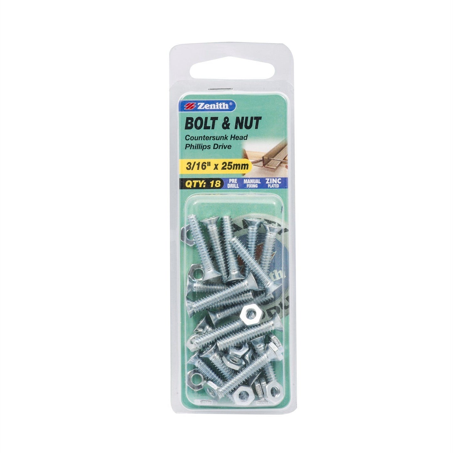 Zenith Countersunk Bolt & Nut - 3/16 x 25mm - 18 Pack