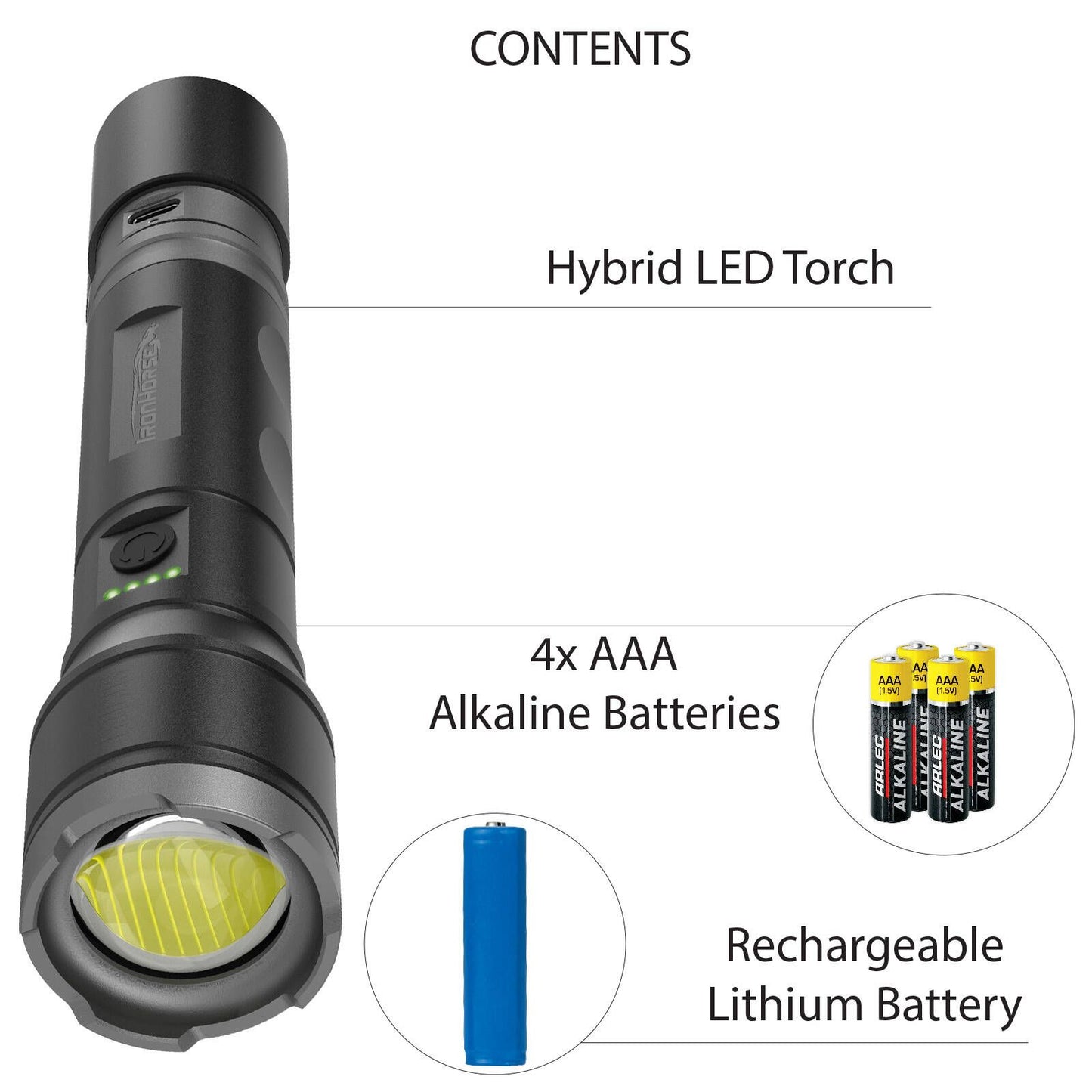 Ironhorse Premium Hybrid Dual Power Torch Flashlight - 1100lm
