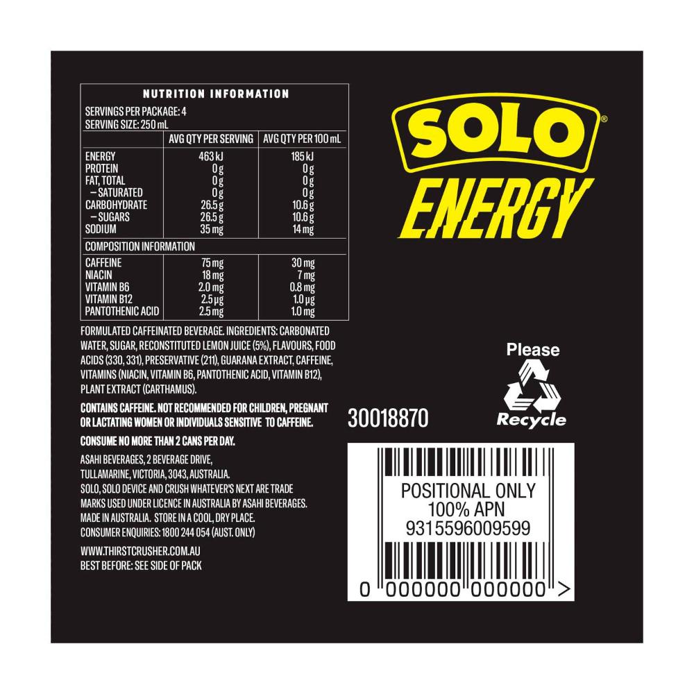 Solo Energy Drink Lemon Cans Multipack 250ml - 4 Pack
