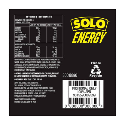 Solo Energy Drink Lemon Cans Multipack 250ml - 4 Pack