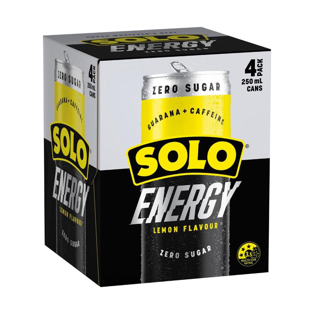 Solo Energy Drink Zero Sugar Lemon Cans Multipack 250ml - 4 Pack