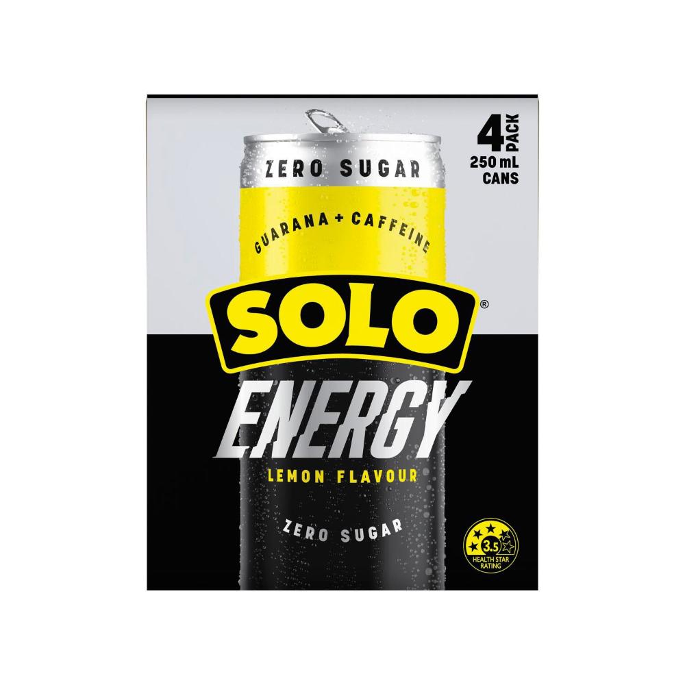 Solo Energy Drink Zero Sugar Lemon Cans Multipack 250ml - 4 Pack