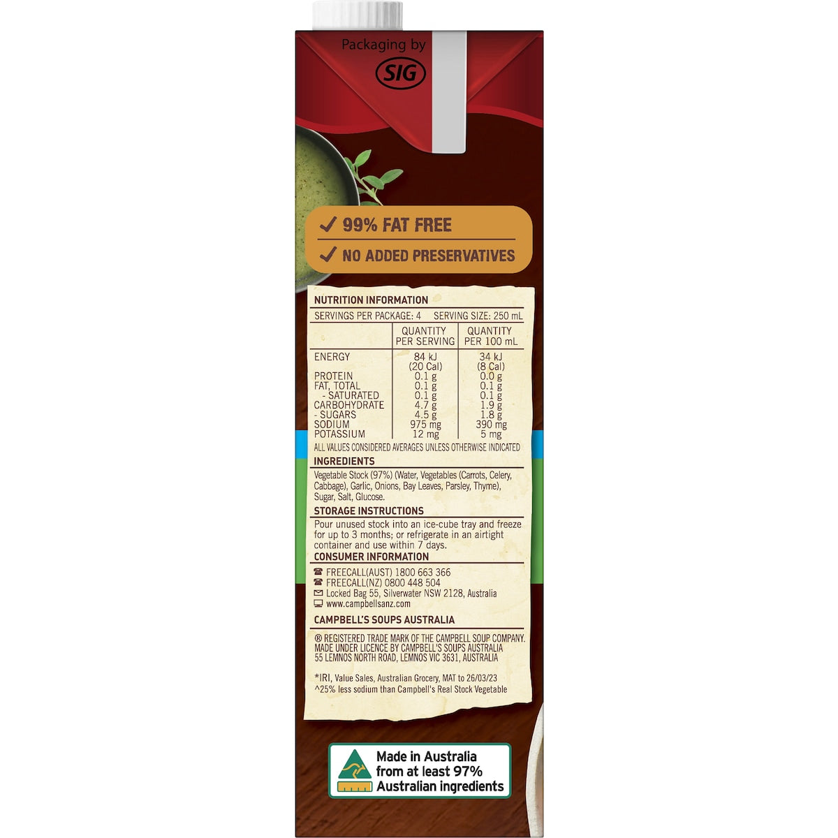 Campbells Real Stock Vegetable Salt Reduced 1l